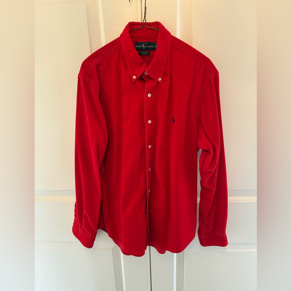 Vintage Ralph Lauren Men’s Red Long Sleeve Thin Wale Corduroy Shirt. Large.